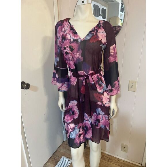 WHBM 3/4 Bell Sleeve Ruffle Kimono Inspired Floral Dress XS - Picture 4 of 9
